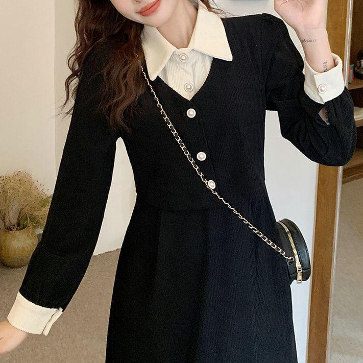 Mock Two-Piece Long-Sleeve Collar Two Tone Button Corduroy Midi A-Line Dress Product Image