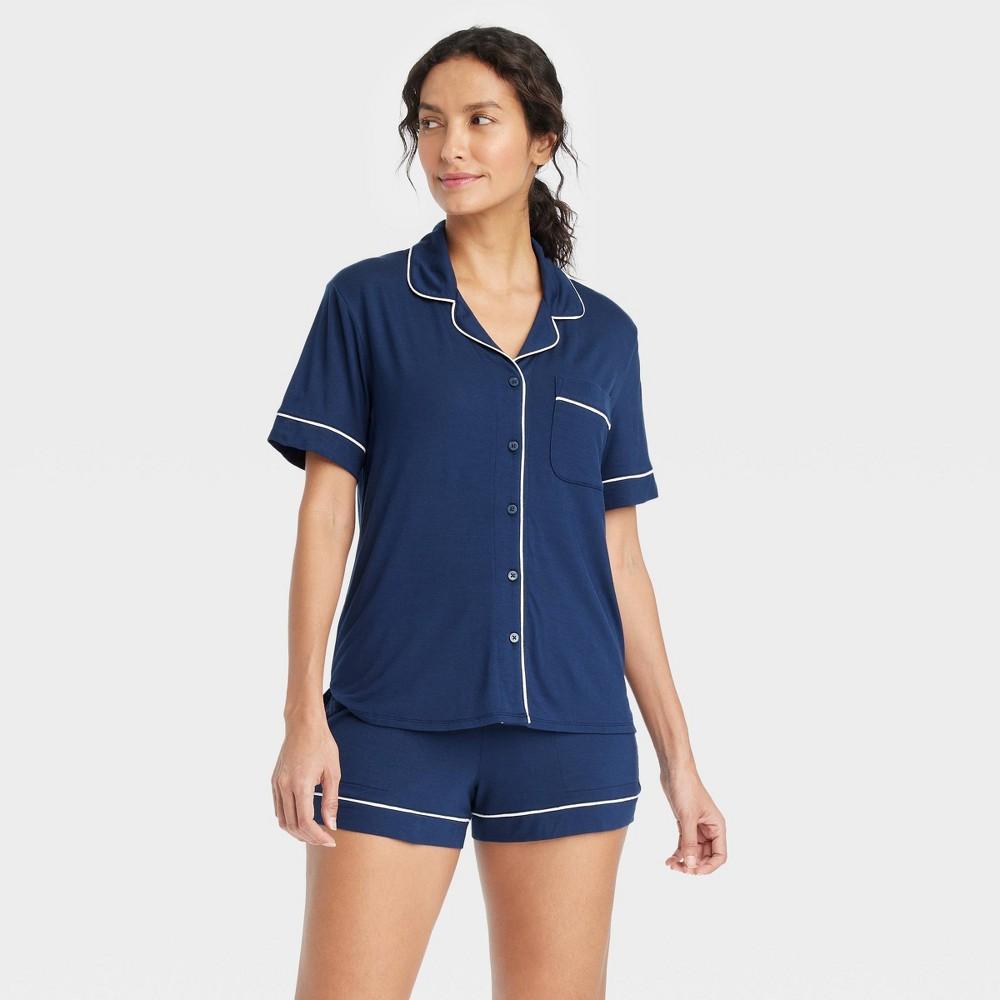 Womens Cloud Knit Short Sleeve Notch Collar Top and Shorts Pajama Set - Auden Navy Blue XXL Product Image