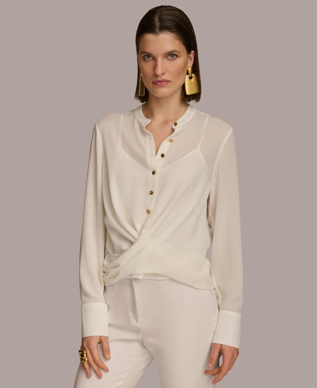 Donna Karan Womens Faux-Wrap Button-Front Long-Sleeve Top Product Image