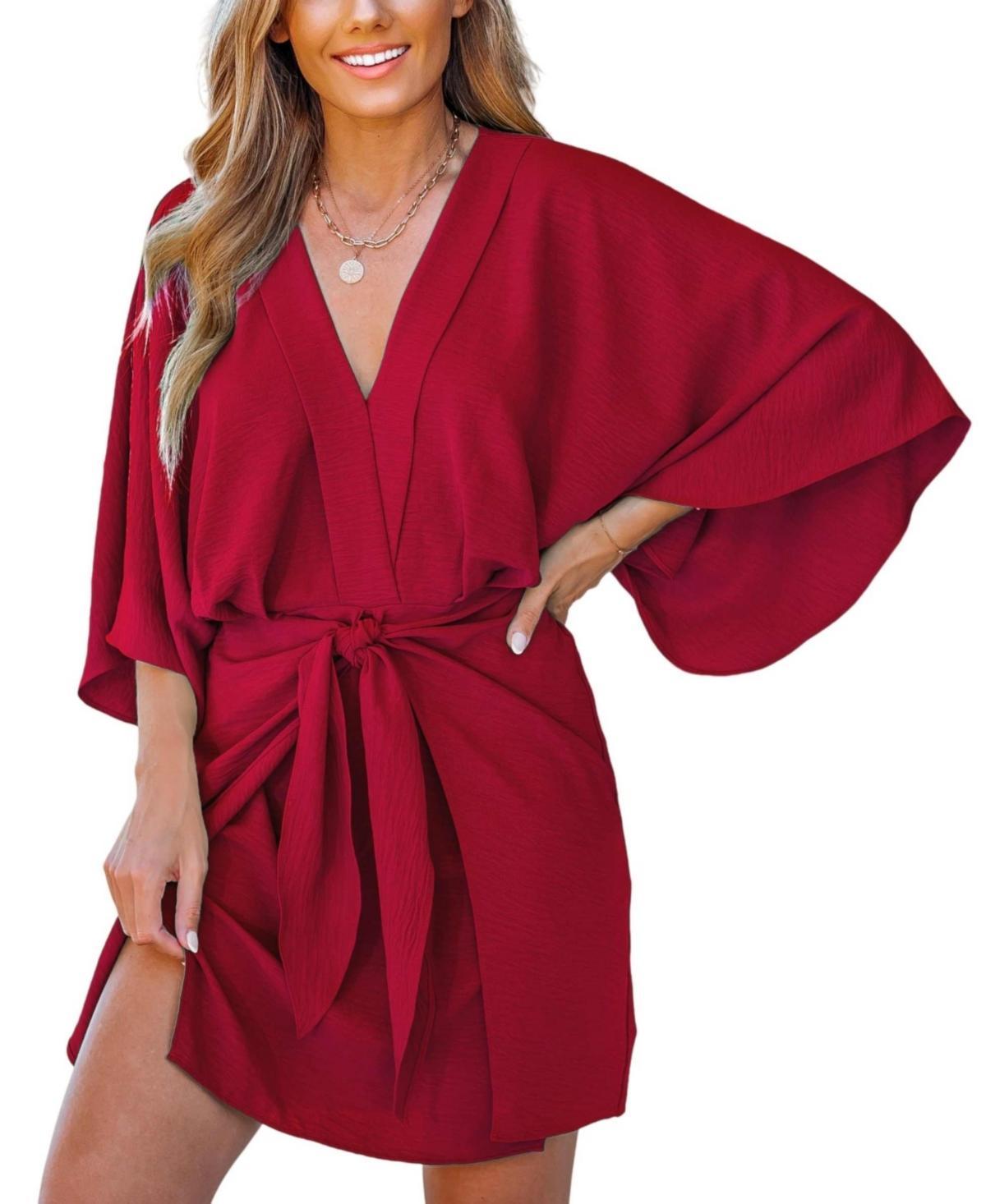 Cupshe Womens Light Brown V-Neck Kimono Sleeve Mini Beach Dress Product Image