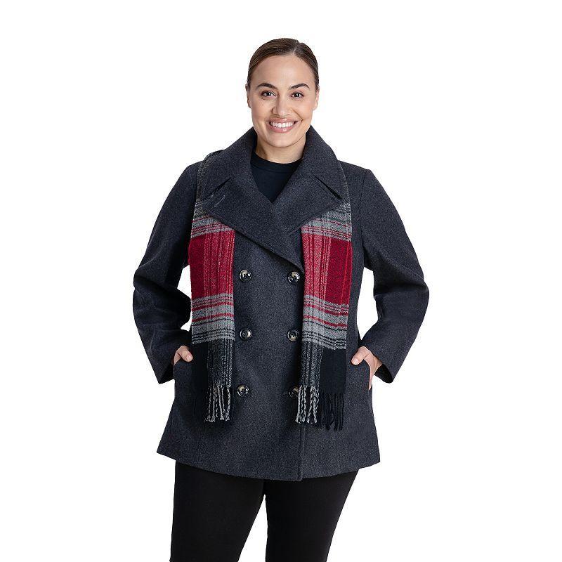 Plus Size TOWER by London Fog Scarf & Wool-Blend Peacoat, Womens Grey Product Image