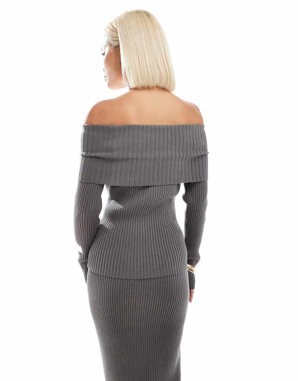 Glamorous off shoulder rib knit sweater in charcoal - part of a set Product Image