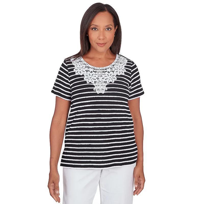 Petite Alfred Dunner Lace Neck Striped Split Hem Tee, Womens White Product Image