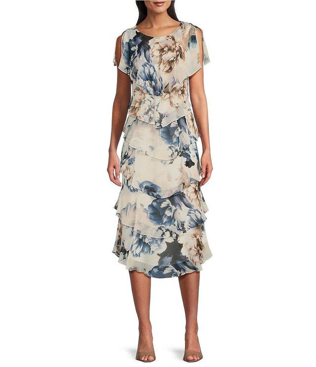 Ignite Evenings Chiffon Embellished Shoulder Cap Sleeve Crew Neck Printed Tiered Shift Midi Dress Product Image