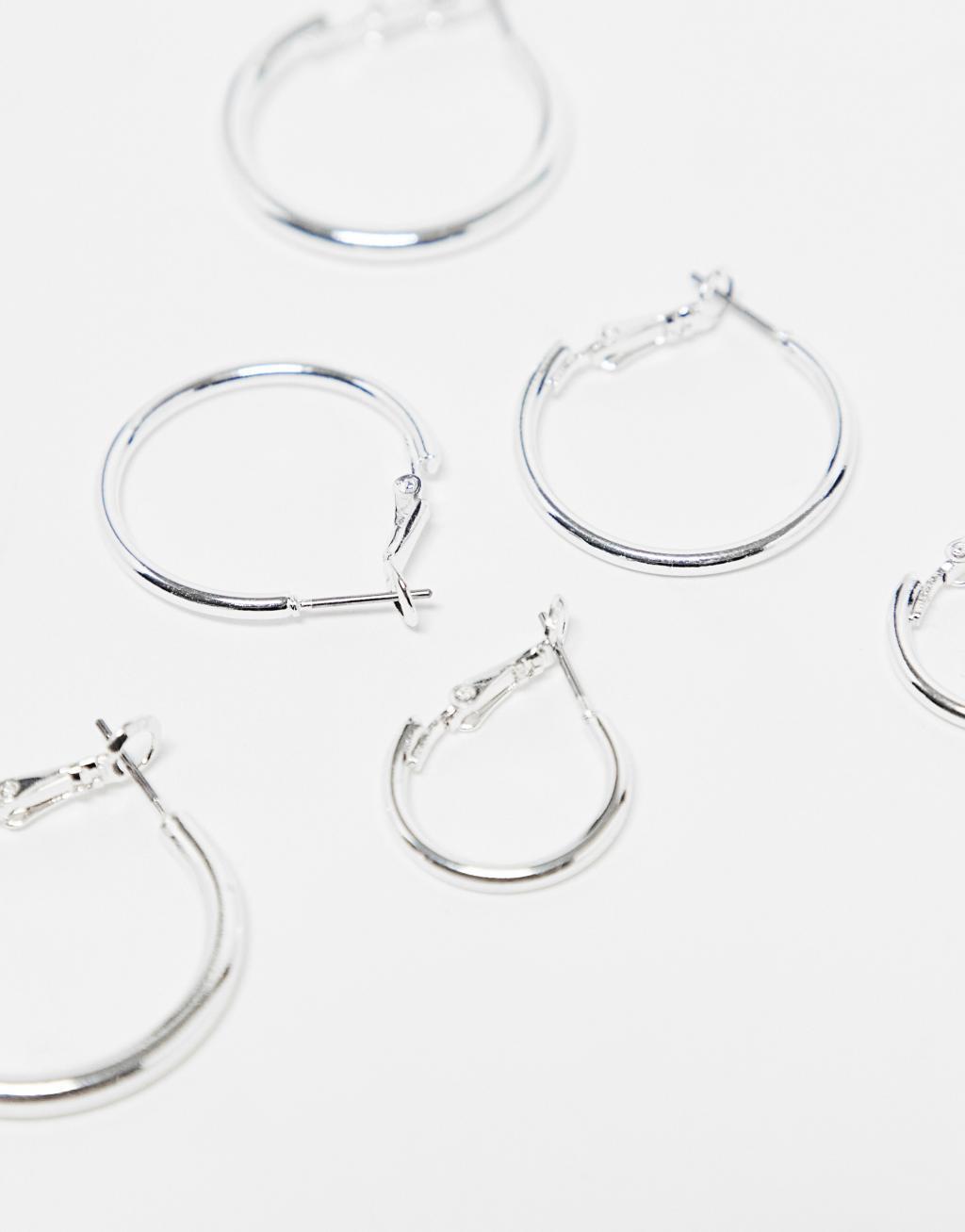 Monki 3 pack hoop earrings in silver Product Image