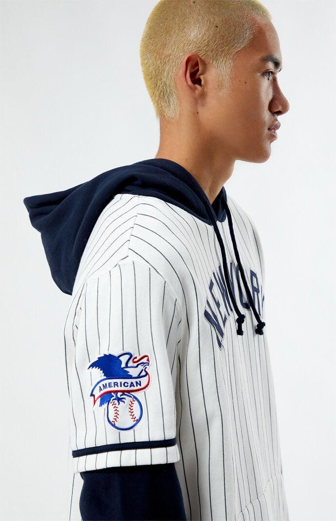 47 Brand Men's New York Yankees '47 White Pinstripe Double Header Pullover Hoodie in White/Navy - Product Image