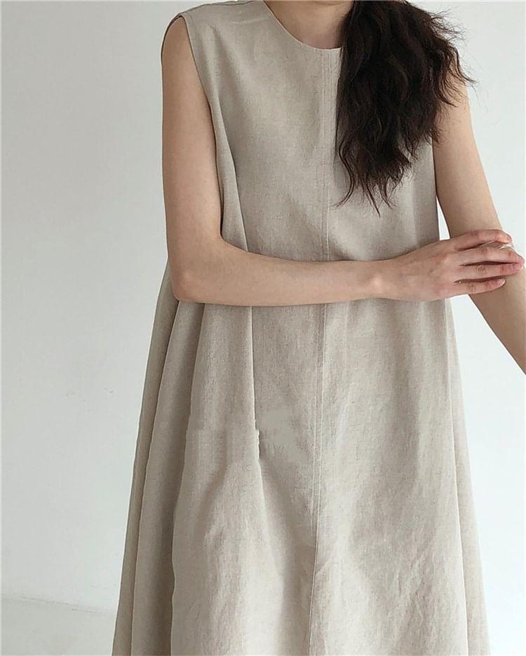 Sleeveless Crew Neck Plain Midi A-Line Dress Product Image