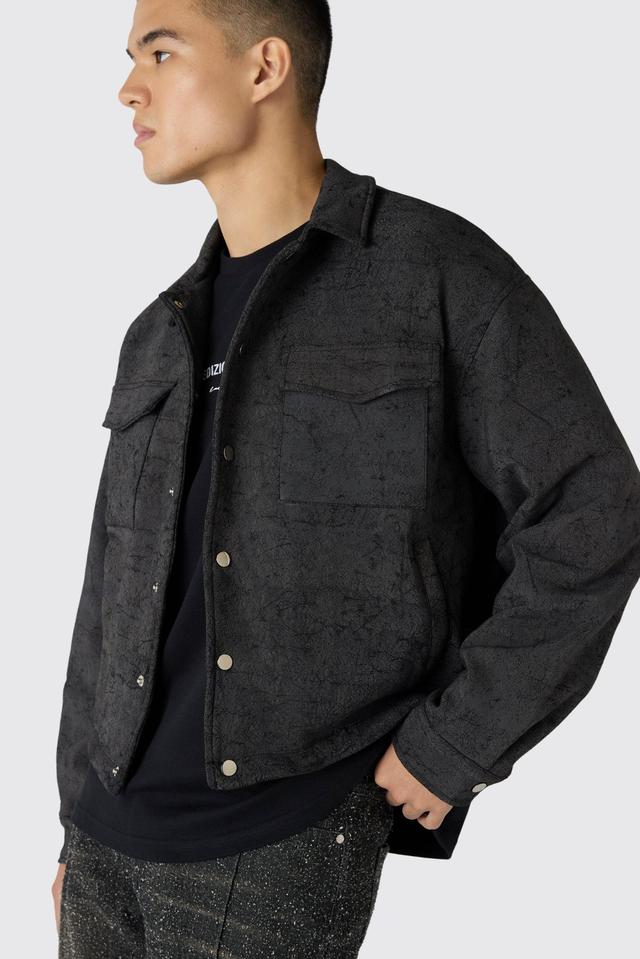 Boxy Cracked Effect Faux Suede Harrington In Black | boohooMAN USA Product Image