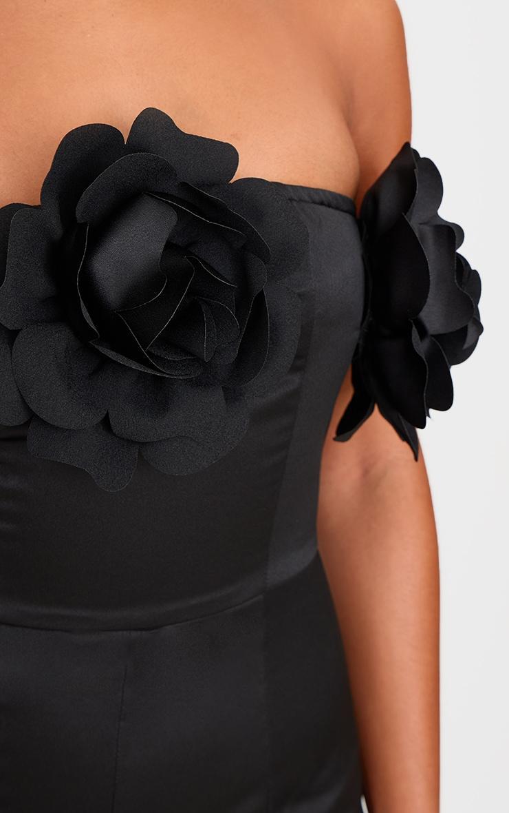 Black Satin Floral Corsage Detail Bandeau Romper Product Image