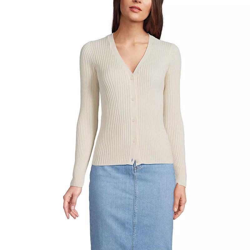 Womens Lands End Ribbed V-Neck Cardigan Sweater Vicuna Grey product image