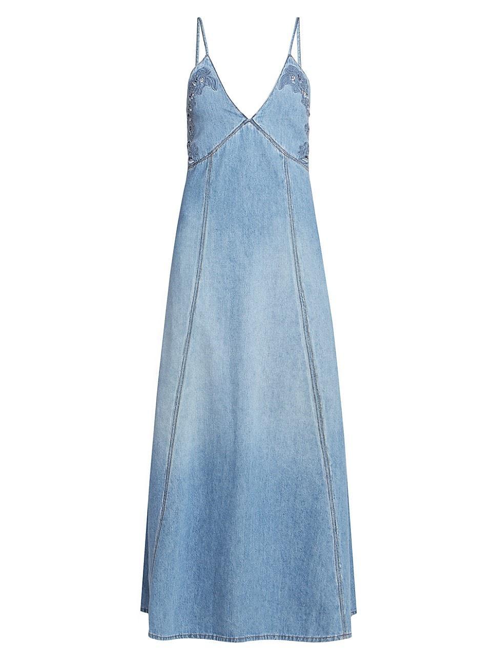 Womens Floral-Embroidered Denim Maxi Dress Product Image