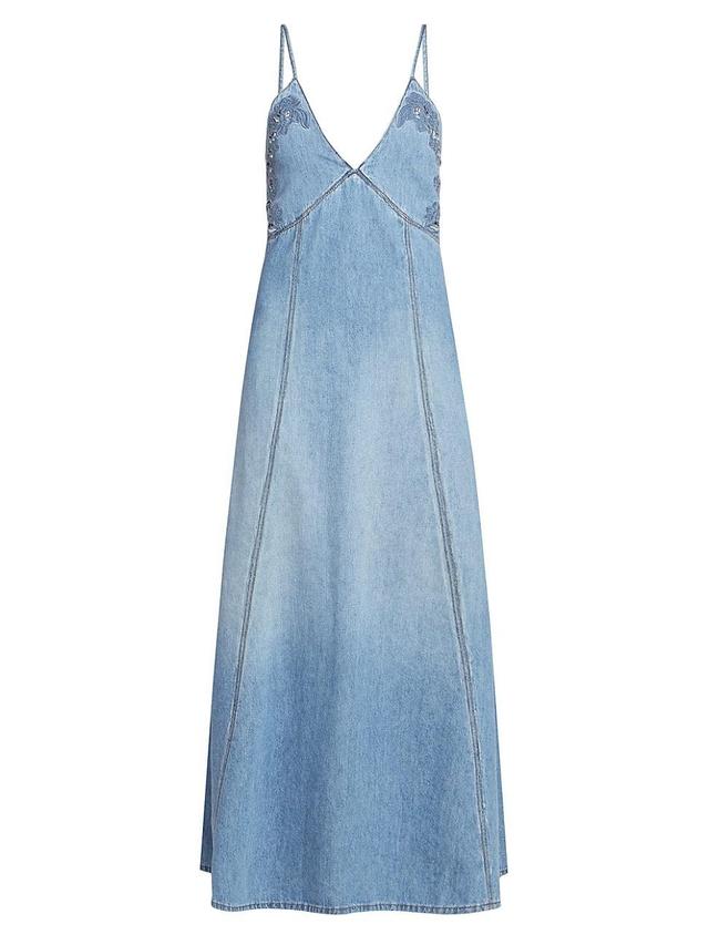 Womens Floral-Embroidered Denim Maxi Dress Product Image