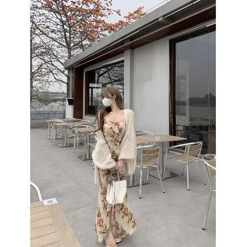 Spaghetti Strap Floral Print Maxi A-Line Dress / Plain Open Front Cardigan Product Image