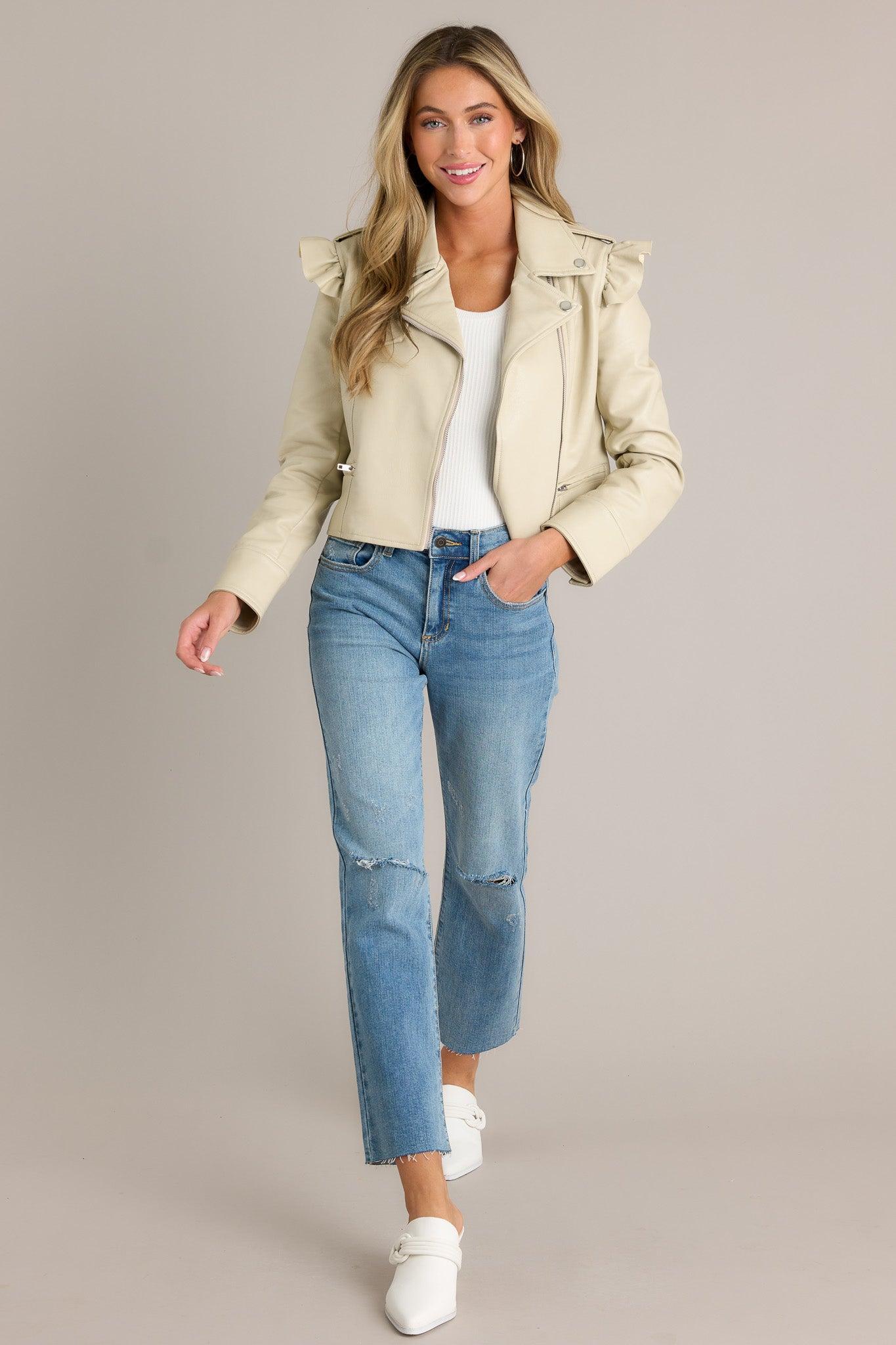 The Whole Time Ecru Beige Faux Leather Jacket Product Image