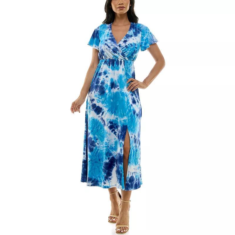 Womens Nina Leonard Tie Dye Print Flutter Sleeve V-Neck Maxi Dress Green Team Product Image