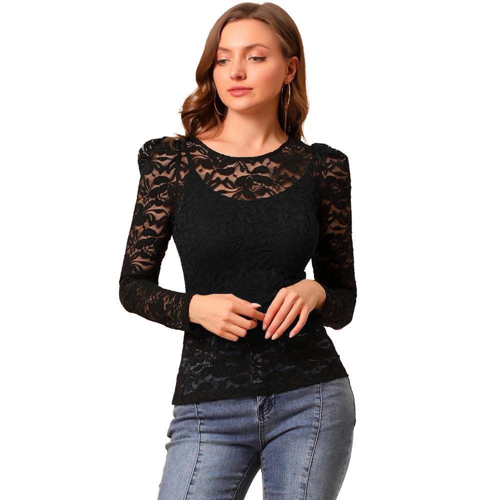 Allegra K Women's Vintage Semi-Sheer Puff Long Sleeve Embroidery Lace Floral Blouse Black Large product image