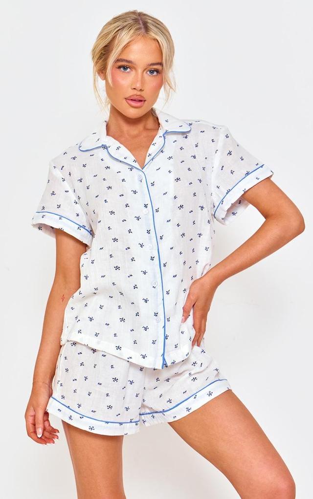 White Ditsy Floral Double Gauze Short Sleeve Shirt And Short Pj Set Product Image