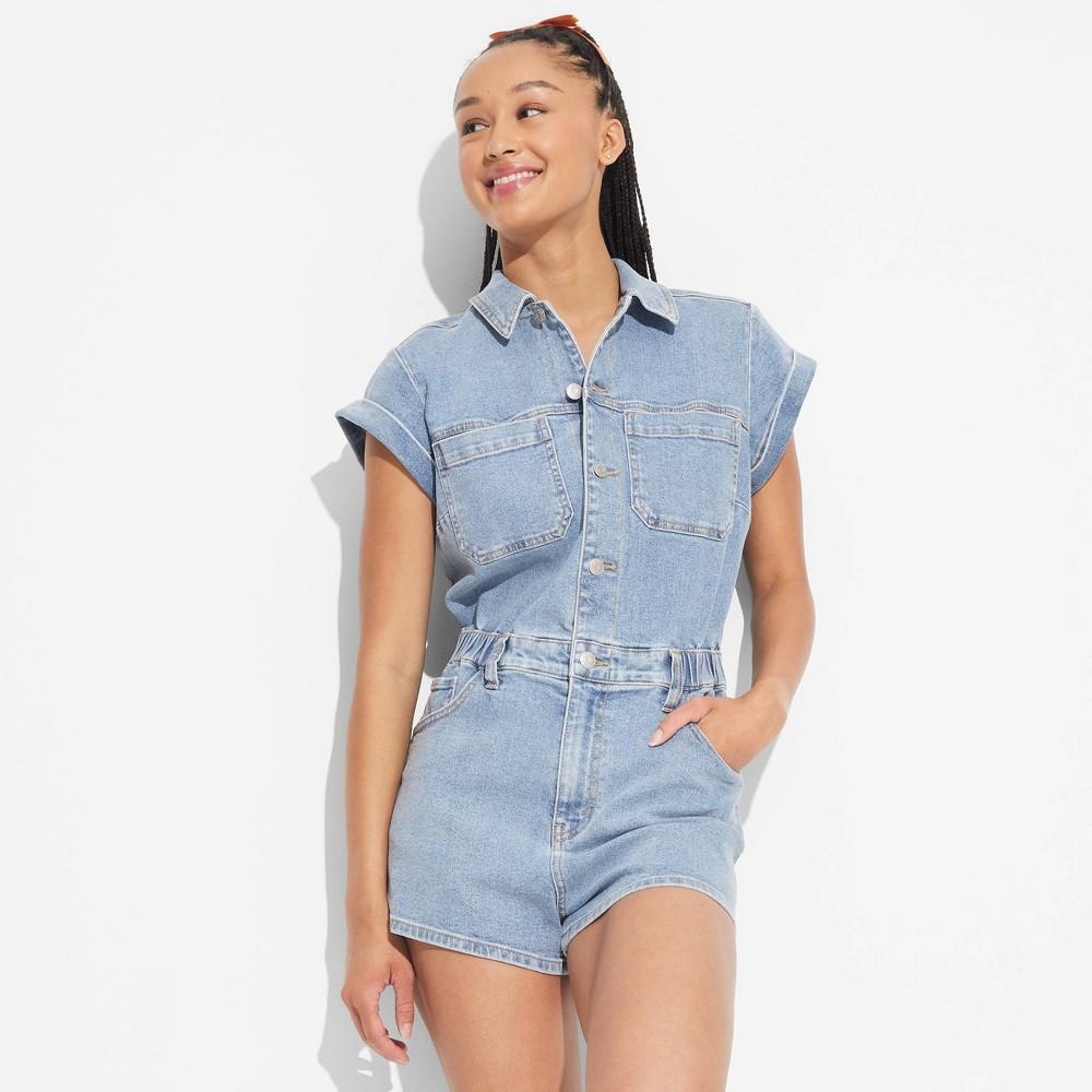 Womens Game Day Short Sleeve Romper - Wild Fable Medium Wash XXS Product Image