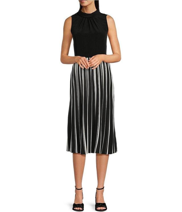 KARL LAGERFELD PARIS Mock Neckline Sleeveless Pleated Skirt Midi Dress Product Image