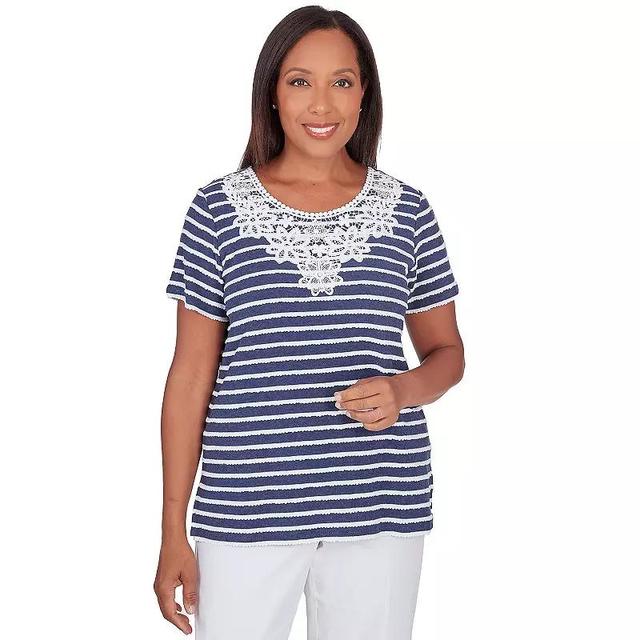 Petite Alfred Dunner Lace Neck Striped Split Hem Tee, Womens Dark Blue Product Image