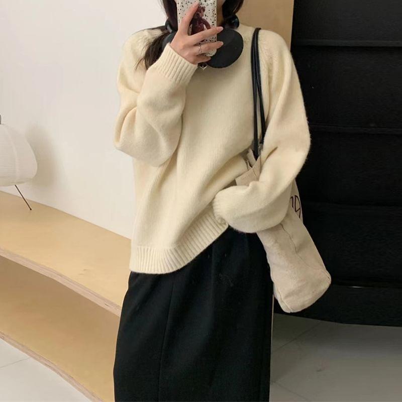 Long-Sleeve Round Neck Label Applique Sweater Product Image