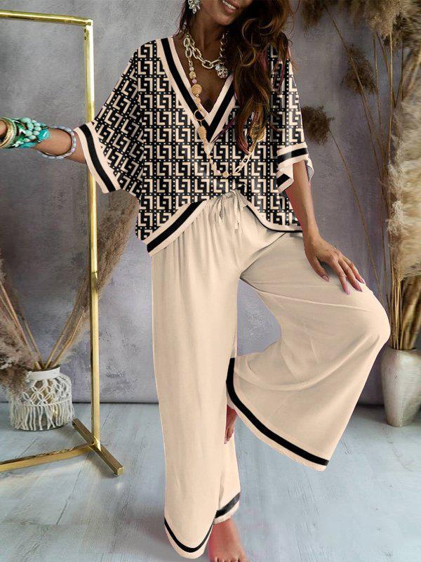 Urban Loose Printed V-Neck T-Shirts Tops& Drawstring Wide Leg Pants Suits  Product Image