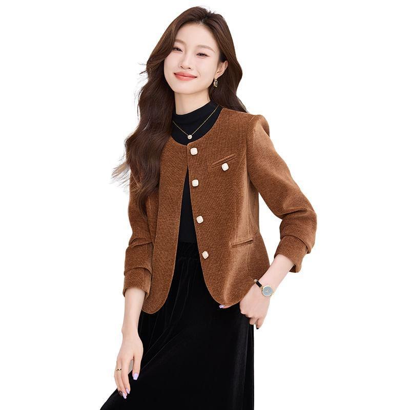 Round Neck Plain Single Breasted Jacket Product Image