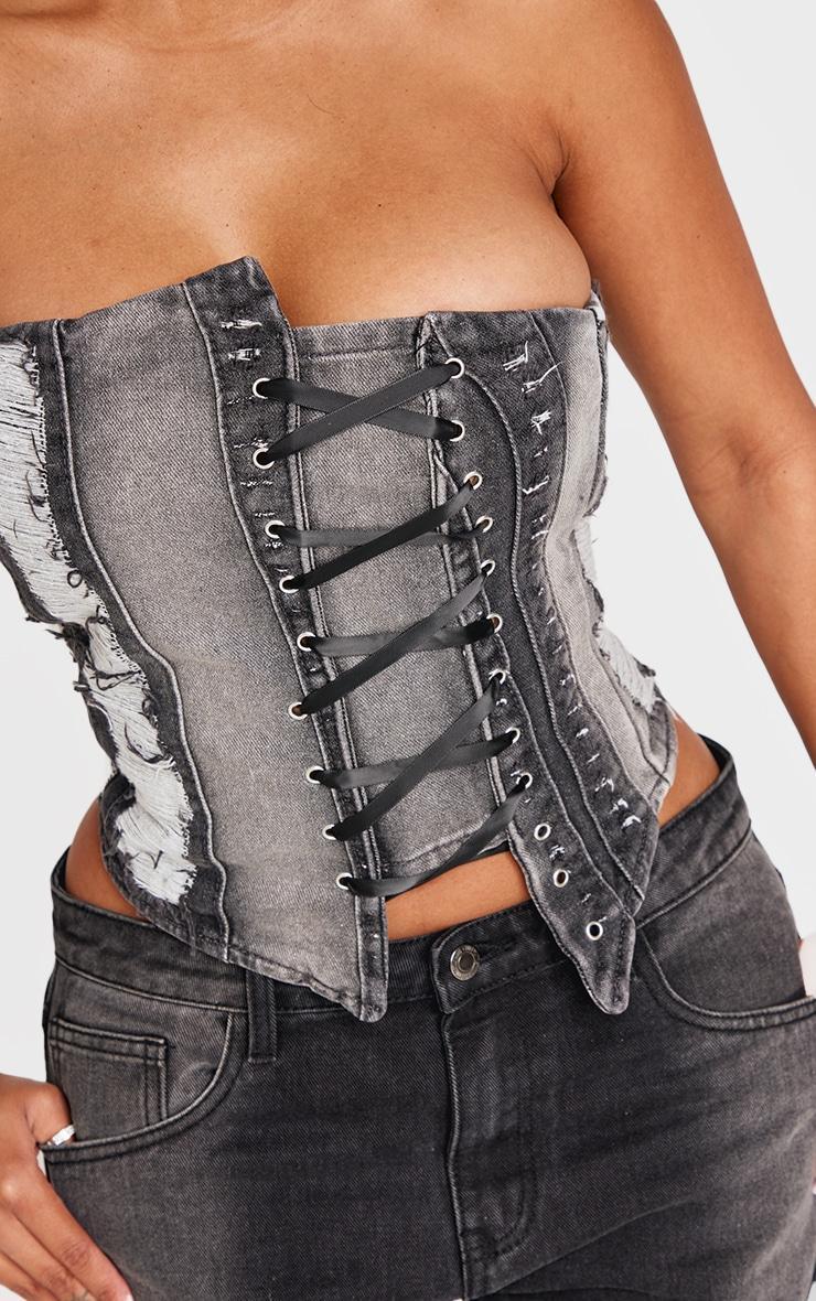 Shape Light Grey Denim Bandeau Distressed Lace Up Detail Corset Product Image