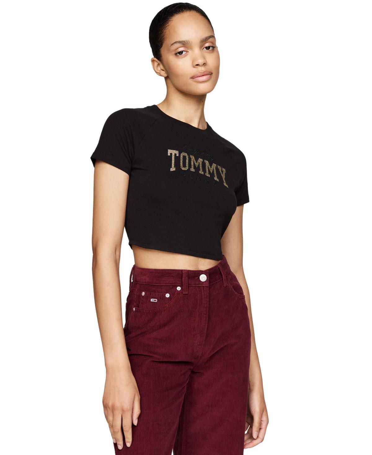 Tommy Jeans Womens Cotton Glitter Slim Cropped Varsity Tee product image