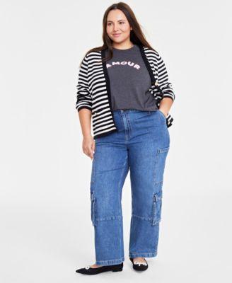 Trendy Plus Size Cotton Button-Front Cardigan, Amour Graphic Crewneck T-Shirt & Wide-Leg Cargo Jeans, Created for Macy's  Product Image