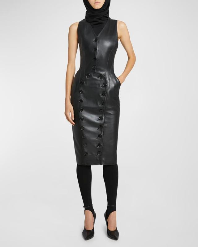 Button-Front Sleeveless Leather Midi Vest Dress Product Image