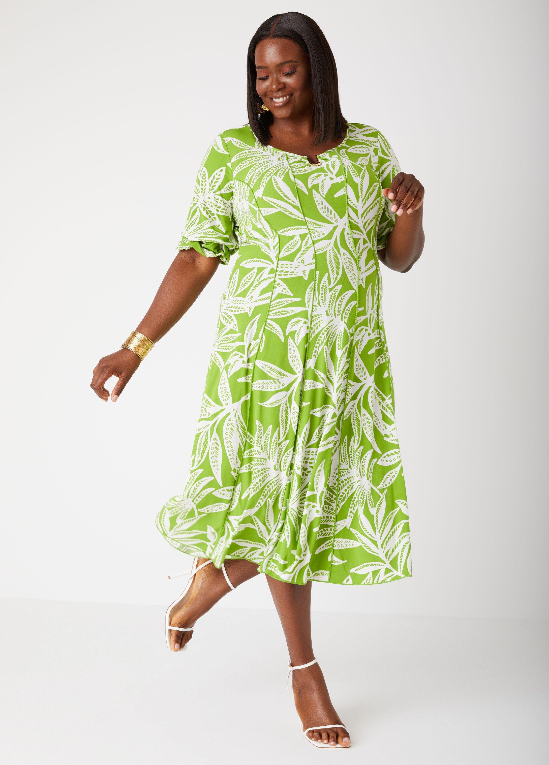 Plus Size U Ring Tropical Print Midi Dress, - Ashley Stewart Product Image