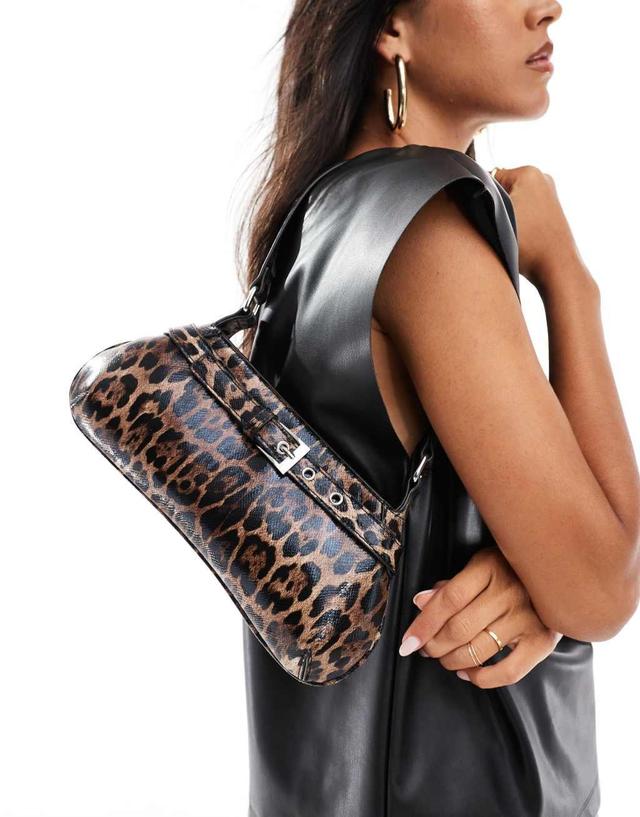 ASOS DESIGN curved buckle shoulder bag in brown leopard Product Image