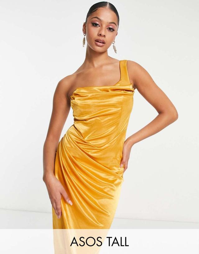 ASOS DESIGN Tall one shoulder satin drape corset detail midi dress in gold Product Image