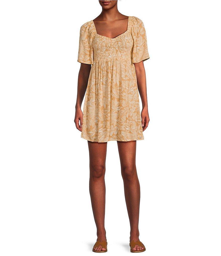 Roxy Golden Dawn Floral Print Empire Waist Short Sleeve Smocked A-Line Dress Product Image