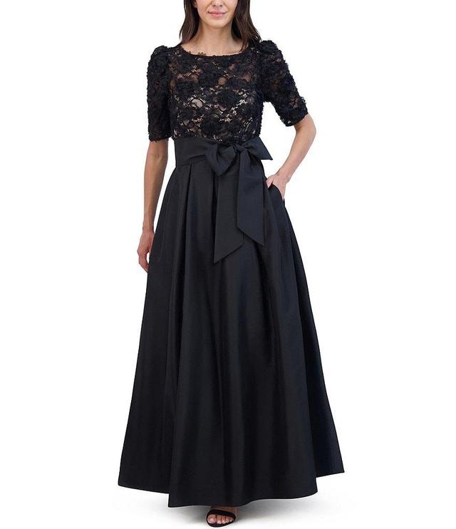 Eliza J Lace Boat Neck Elbow Sleeve Taffeta Bow Pleated Gown Product Image