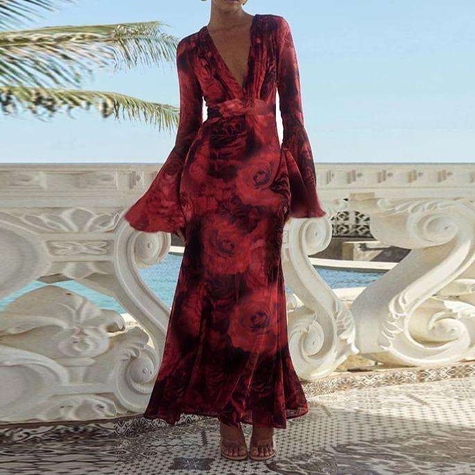 Bell Sleeve V-Neck Floral Print Mesh Maxi A-Line Dress Product Image