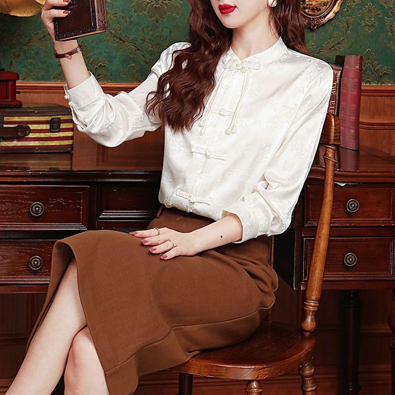 Long-Sleeve Stand Collar Floral Jacquard Frog Buttoned Blouse Product Image