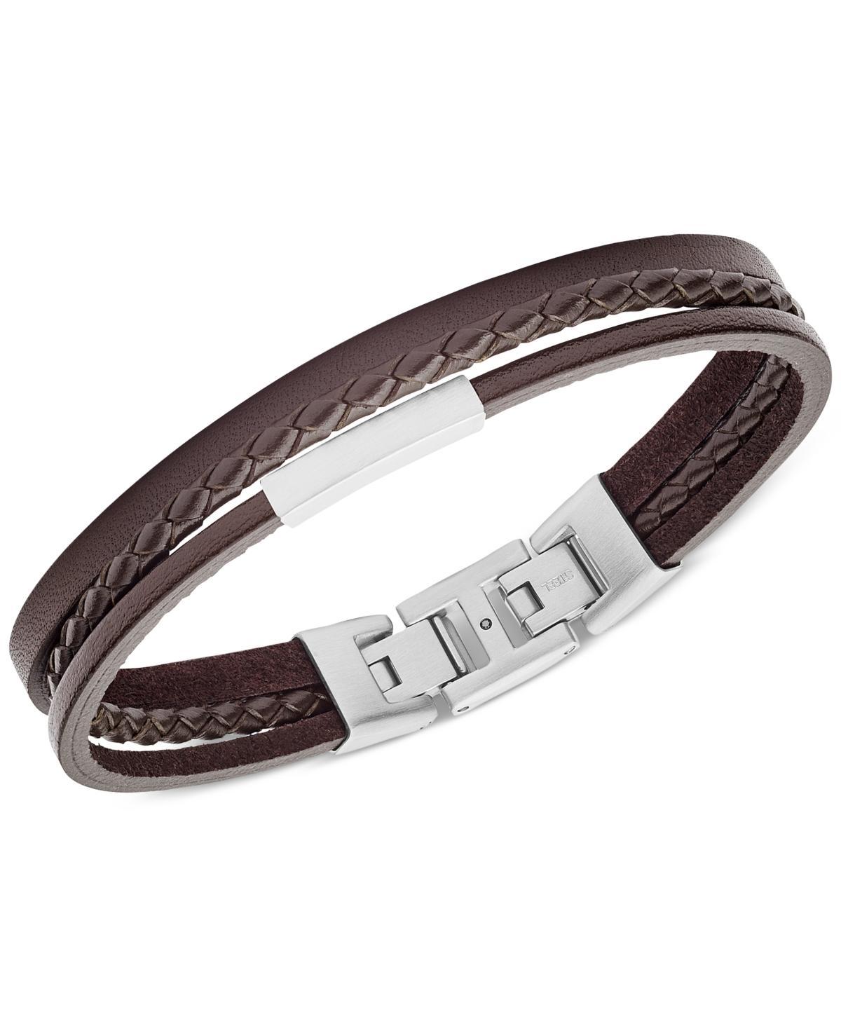 Fossil Mens Multi-Strand Silver-Tone Steel and Brown Leather Link Bracelet Product Image