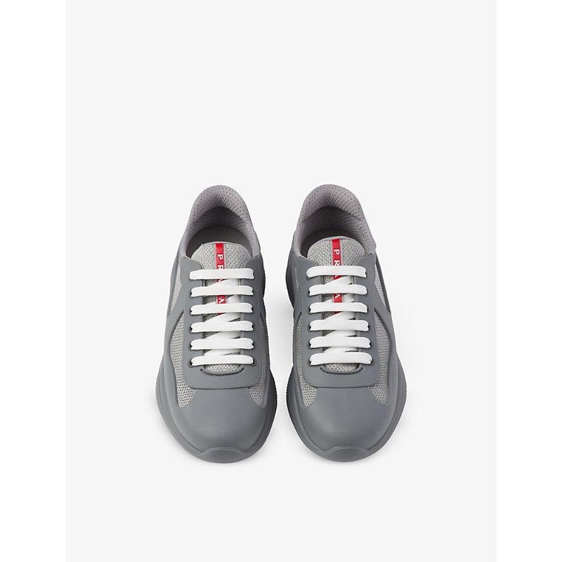 PRADA Mens Gold/silver America's Cup Original Leather And Mesh Trainers In Steel Grey Product Image