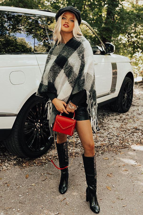 Cozy Debut Plaid Poncho In Charcoal Product Image