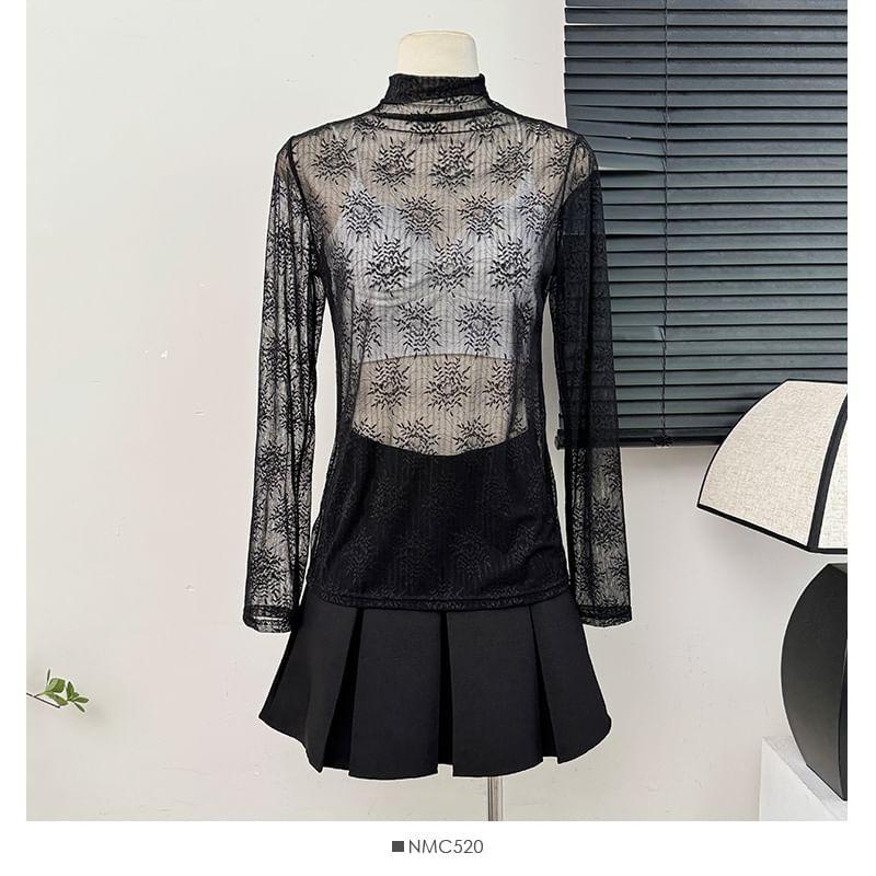 High-Neck Sheer Lace Top Product Image