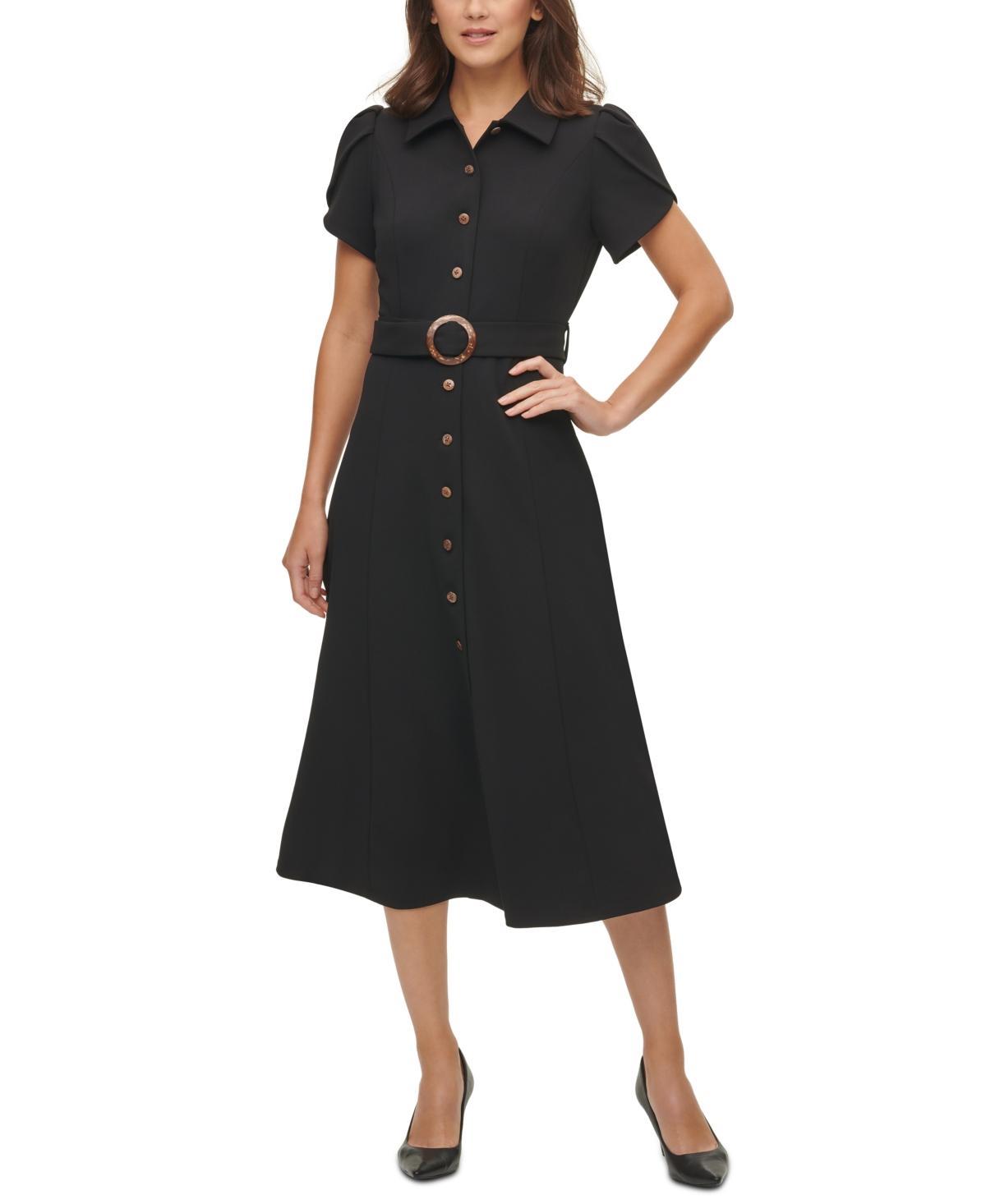 Calvin Klein Scuba Crepe Dress with Ruffle Skirt and Tie Belt Women's Dress Product Image