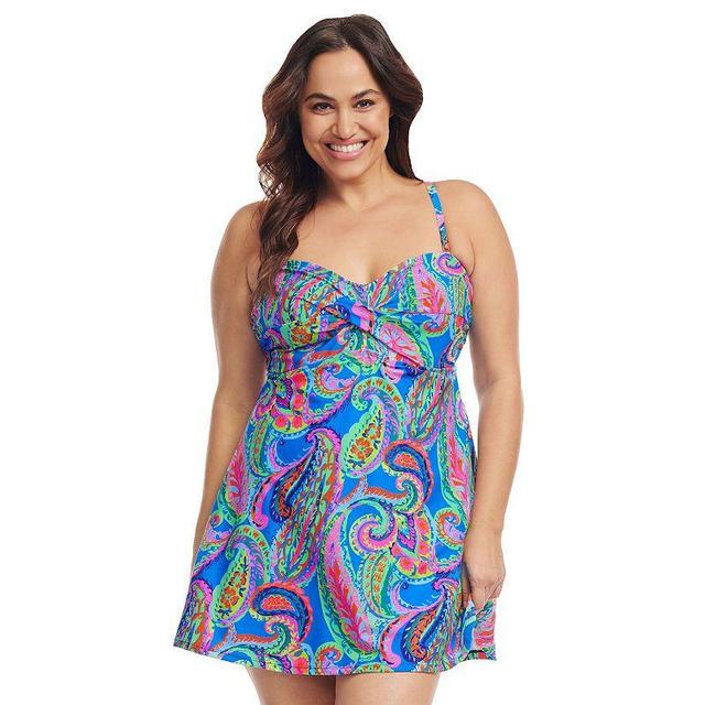 Plus Size Mazu French Paisley Twist Front A-Line One-Piece Swimdress, Womens Product Image