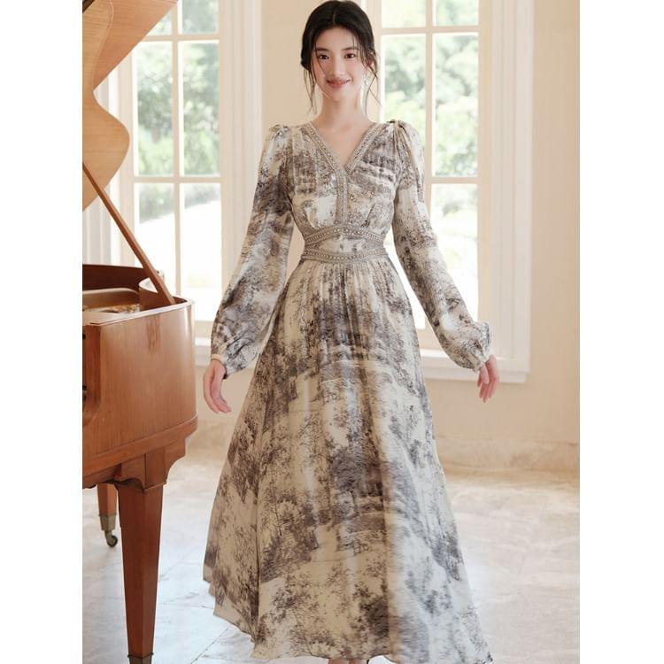 Long-Sleeve V-Neck Print Embellished Maxi A-Line Dress Product Image