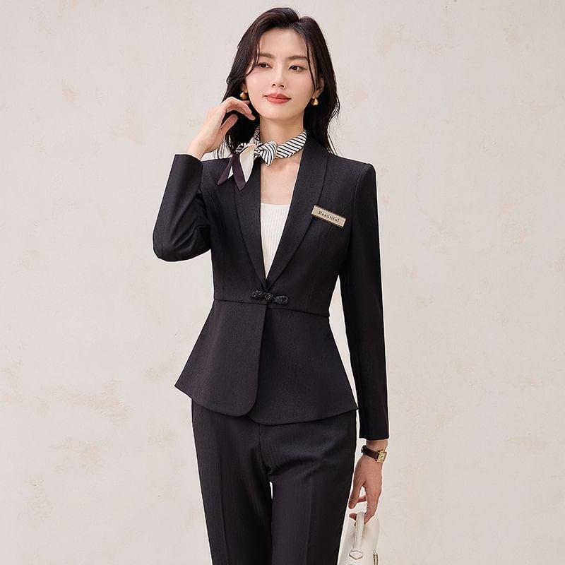 Shawl Lapel Plain Frog Closure Blazer / High Waist Flared Dress Pants / Set Product Image