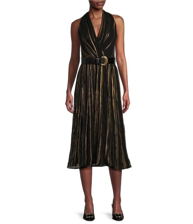 Donna Karan Halter V-Neck Sleeveless Belted Metallic Crinkle Chiffon Fit and Flare Midi Dress Product Image