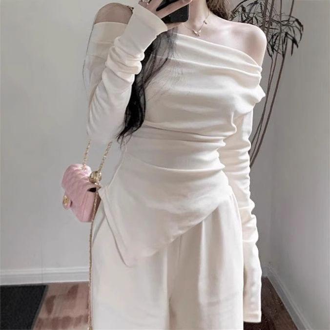 Long-Sleeve Off-Shoulder Asymmetrical T-Shirt Product Image