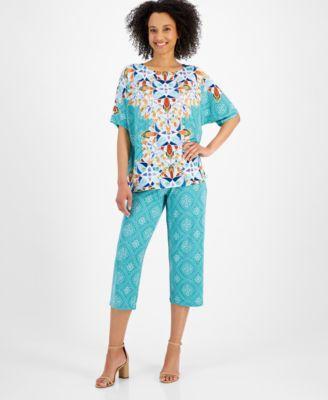 Jm Collection Womens Short Sleeve Printed Dolman Sleeve Top Culotte Pants Created For Macys Product Image