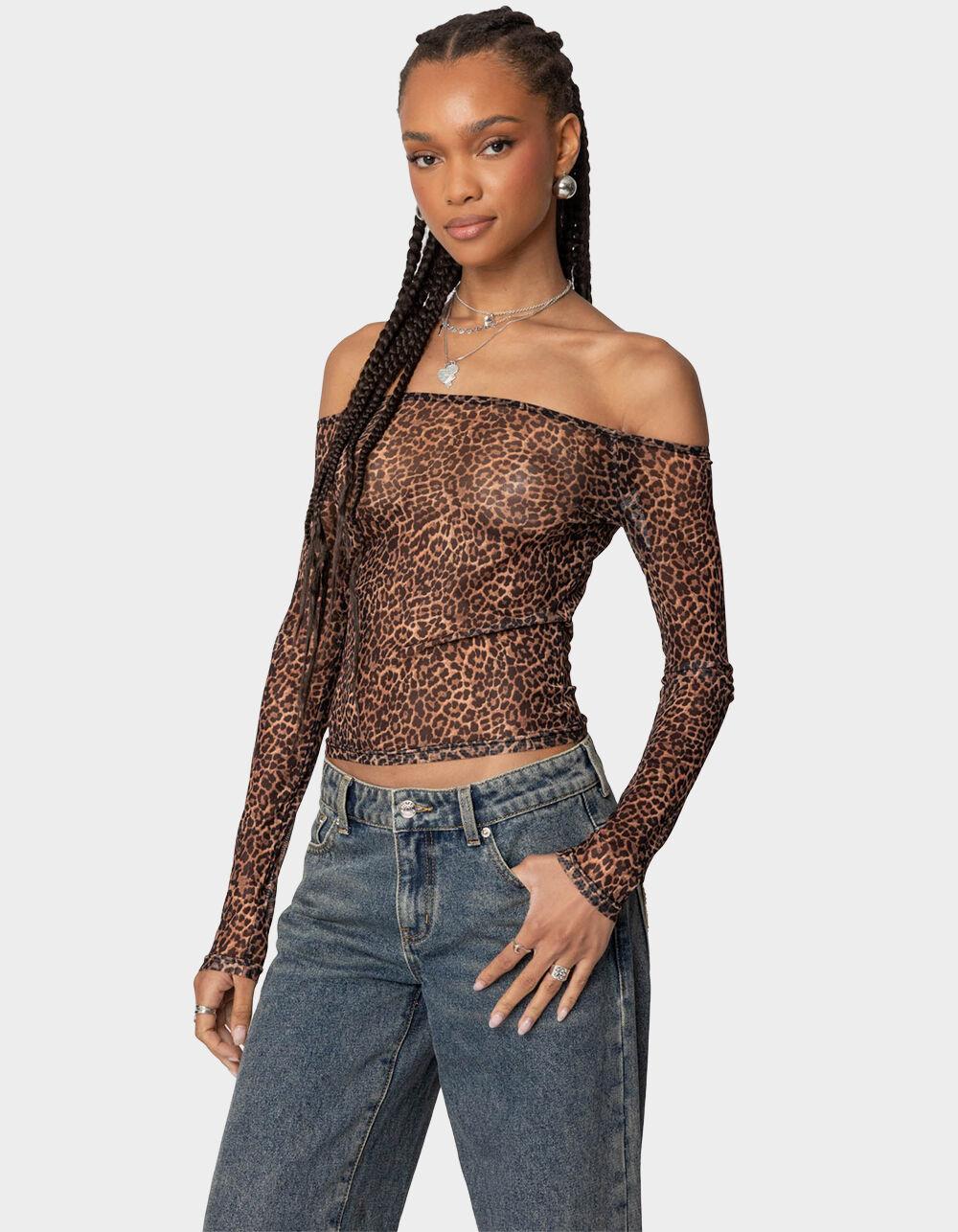 EDIKTED Leopard Sheer Mesh Off Shoulder Top Product Image